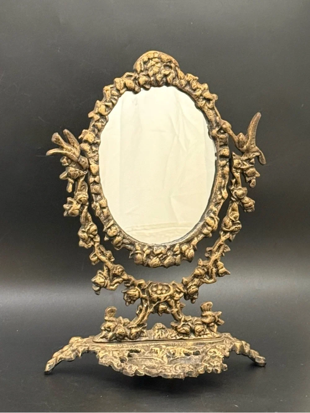 Victorian Style Antique Brass Finish Ornate Heavy Cast Iron Swivel Vanity Mirror